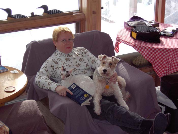 Karen with Perry and Eddy on her lap.